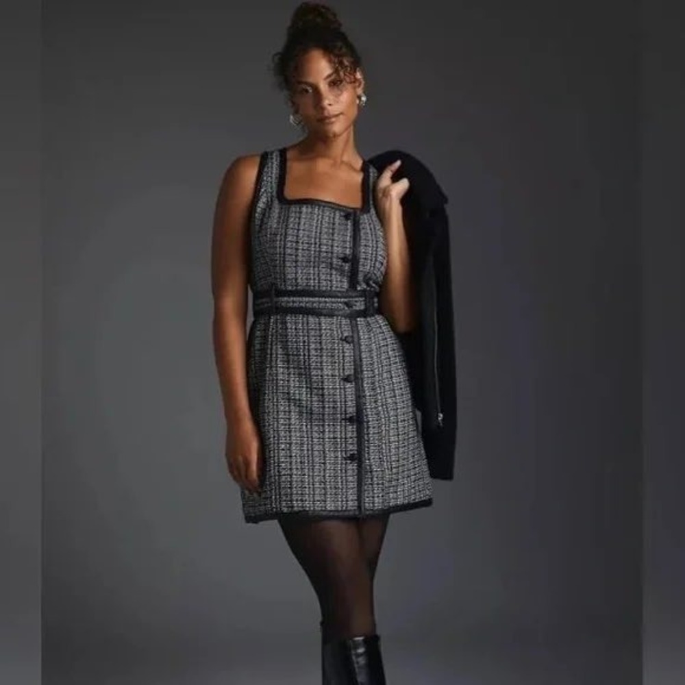 Anthropologie Maeve Tweed Mini Dress 2 Black White Faux Leather Trim Belted Mod